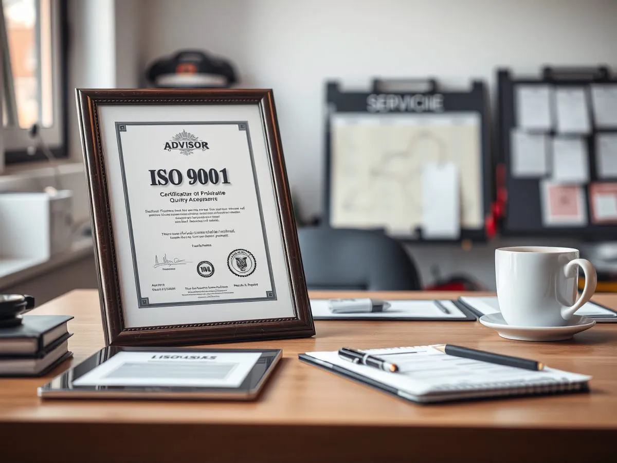 ISO 9001质量管理体系认证证书展示在办公桌上
